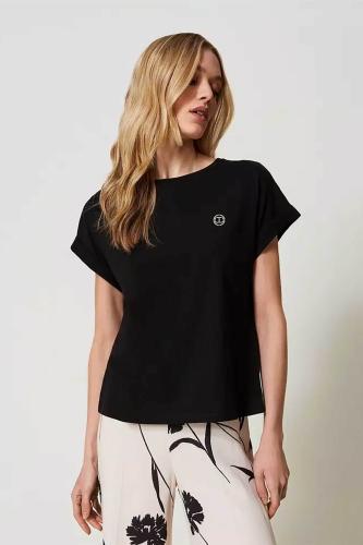 Twinset γυναικείο βαμβακερό T-Shirt με logo στο στήθος - 241TP2215 Μαύρο